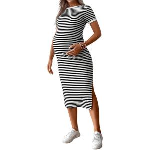imageWomens Casual Striped Maternity Dress Short Sleeve Sleeve Split Thigh Bodycon Dresses Pregnancy ClothesBlack