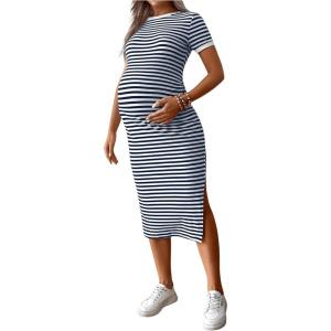imageWomens Casual Striped Maternity Dress Short Sleeve Sleeve Split Thigh Bodycon Dresses Pregnancy ClothesBlue