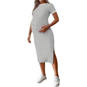 imageWomens Casual Striped Maternity Dress Short Sleeve Sleeve Split Thigh Bodycon Dresses Pregnancy ClothesGrey
