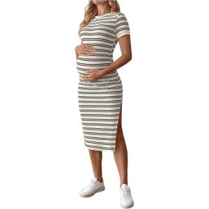 imageWomens Casual Striped Maternity Dress Short Sleeve Sleeve Split Thigh Bodycon Dresses Pregnancy ClothesKhaki
