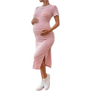 imageWomens Casual Striped Maternity Dress Short Sleeve Sleeve Split Thigh Bodycon Dresses Pregnancy ClothesPink