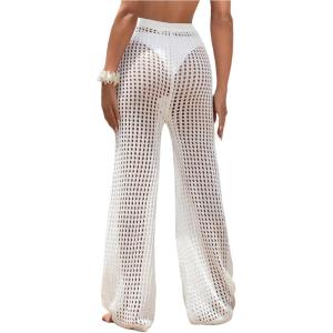 imageWomens Cover Up Beach Pants Hollow Out Drawstring High Elastic Waist Swimsuit Beach Cover Up PantsAll White