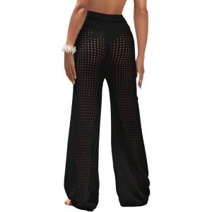 imageWomens Cover Up Beach Pants Hollow Out Drawstring High Elastic Waist Swimsuit Beach Cover Up PantsBlack