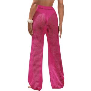 imageWomens Cover Up Beach Pants Hollow Out Drawstring High Elastic Waist Swimsuit Beach Cover Up PantsBright Hot Pink