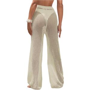 imageWomens Cover Up Beach Pants Hollow Out Drawstring High Elastic Waist Swimsuit Beach Cover Up PantsLight Apricot