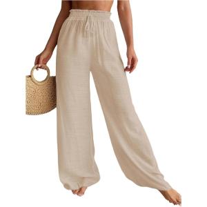 imageWomens Cover Up Beach Pants Sheer Mesh Drawstring Wide Leg High Waist Bikini Swimsuit CoverupsApricot
