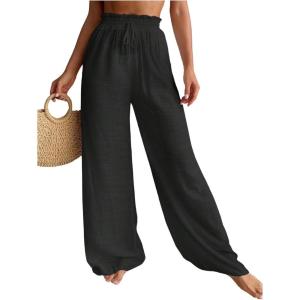 imageWomens Cover Up Beach Pants Sheer Mesh Drawstring Wide Leg High Waist Bikini Swimsuit CoverupsBlack