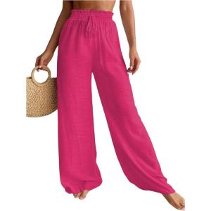 imageWomens Cover Up Beach Pants Sheer Mesh Drawstring Wide Leg High Waist Bikini Swimsuit CoverupsHot Pink