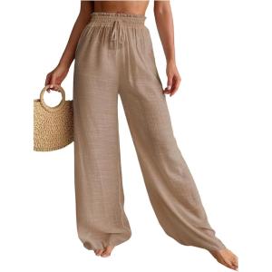imageWomens Cover Up Beach Pants Sheer Mesh Drawstring Wide Leg High Waist Bikini Swimsuit CoverupsKhaki