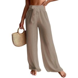 imageWomens Cover Up Beach Pants Tie Front Mesh Wide Leg Loose Bathing Suit Beach Cover Up PantsBrown