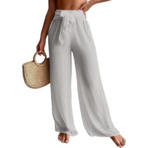imageWomens Cover Up Beach Pants Tie Front Mesh Wide Leg Loose Bathing Suit Beach Cover Up PantsLight Grey