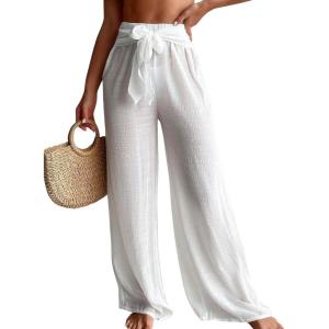 imageWomens Cover Up Beach Pants Tie Front Mesh Wide Leg Loose Bathing Suit Beach Cover Up PantsPlain White