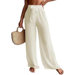 imageWomens Cover Up Beach Pants Tie Front Mesh Wide Leg Loose Bathing Suit Beach Cover Up PantsPure Apricot