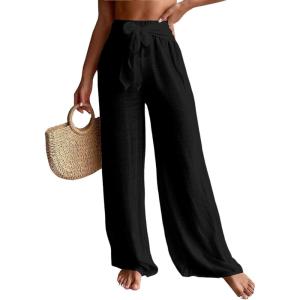 imageWomens Cover Up Beach Pants Tie Front Mesh Wide Leg Loose Bathing Suit Beach Cover Up PantsPure Black