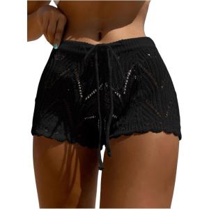 imageWomens Drawstring Waist Crochet Cover Up Shorts Tie Front Hollow Out BottomBlack