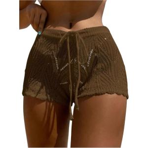 imageWomens Drawstring Waist Crochet Cover Up Shorts Tie Front Hollow Out BottomBrown