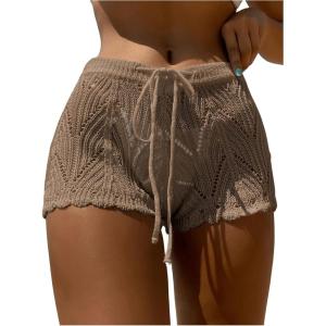 imageWomens Drawstring Waist Crochet Cover Up Shorts Tie Front Hollow Out BottomKhaki Solid