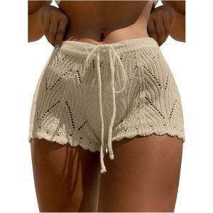 imageWomens Drawstring Waist Crochet Cover Up Shorts Tie Front Hollow Out BottomLight Khaki
