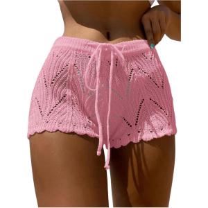 imageWomens Drawstring Waist Crochet Cover Up Shorts Tie Front Hollow Out BottomPink