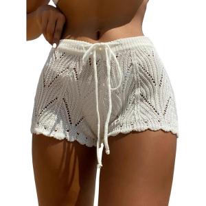 imageWomens Drawstring Waist Crochet Cover Up Shorts Tie Front Hollow Out BottomWhite