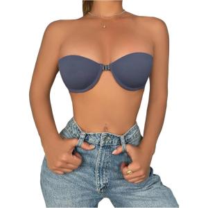 imageWomens Front Closure Strapless Underwire Bras Push Up Bandeau Bra Tube TopsDeep Blue