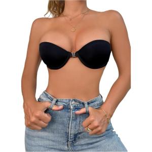 imageWomens Front Closure Strapless Underwire Bras Push Up Bandeau Bra Tube TopsPlain Black