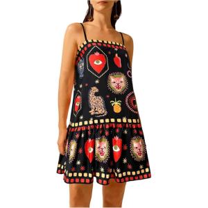 imageWomens Graphic Ruffle Hem Mini Vacation Dress Boho Spaghetti Strap Drop Waist Short DressesBlack