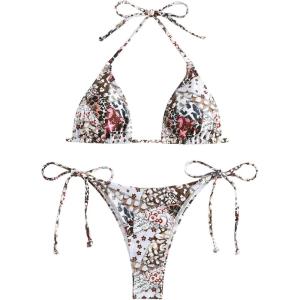 imageWomens High Waisted Bikini Set Graphic Tie Back Swimsuit with Tie Side Thongs Bathing SuitBrown and White