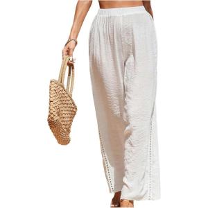 imageWomens Hollow Out Wide Leg Swimwear Cover Ups Pants Elastic Waist Baggy Beach Pants TrousersWhite