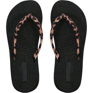 imageWomens Leopard Print Flip Flops Open Toe Thong Sandals Holiday Tropical Flats SlippersBlack