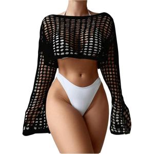 imageWomens Long Sleeve Crochet Cover Up Knitted Hollow Out Cropped Swimsuit Cover Ups TopsBlack