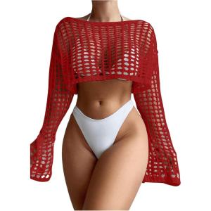 imageWomens Long Sleeve Crochet Cover Up Knitted Hollow Out Cropped Swimsuit Cover Ups TopsRed