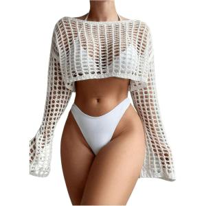 imageWomens Long Sleeve Crochet Cover Up Knitted Hollow Out Cropped Swimsuit Cover Ups TopsWhite