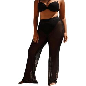 imageWomens Plus Size Beach Pants Sheer Mesh Swimsuit Coverup High Waisted Bikini Cover Up BottomsBlack