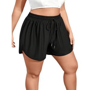 imageWomens Plus Size Drawstring Waist Swim Shorts Tie Front Track Shorts Bottoms BeachwearBlack