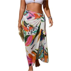 imageWomens Plus Size Tropical Wrap Beach Skirts Sheer Mesh Knot Side Maxi Bathing Suit Cover Up SarongMulticolor
