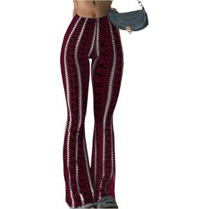 imageWomens Printed Flare Leggings High Waisted Tummy Control Yoga Pants Casual Long Lounge Bell BottomsBurgundy