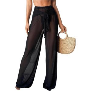imageWomens Sheer Mesh Tie Front Bathing Suit Cover Up Pants Wide Leg Loose Swimsuit Cover Up Beach PantsBlack