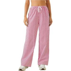 imageWomens Striped Print Straight Wide Leg Linen Pants Drawstring Waist Slant Pockets Pants Casual Long PantsBurgundy
