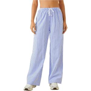 imageWomens Striped Print Straight Wide Leg Linen Pants Drawstring Waist Slant Pockets Pants Casual Long PantsLight Blue