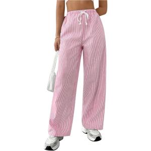 imageWomens Striped Print Straight Wide Leg Linen Pants Drawstring Waist Slant Pockets Pants Casual Long PantsPink