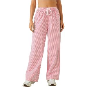 imageWomens Striped Print Straight Wide Leg Linen Pants Drawstring Waist Slant Pockets Pants Casual Long PantsRed