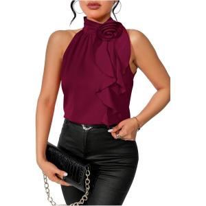 imageWomens Summer Halter Tops Floral Appliques Sleeveless Work Shirts Blouses for Women Dressy CasualPure Burgundy