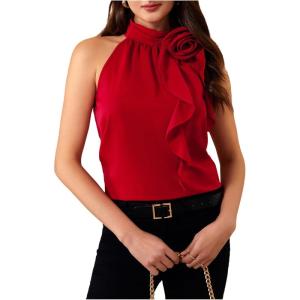imageWomens Summer Halter Tops Floral Appliques Sleeveless Work Shirts Blouses for Women Dressy CasualRed