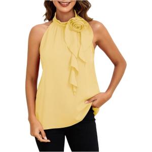 imageWomens Summer Halter Tops Floral Appliques Sleeveless Work Shirts Blouses for Women Dressy CasualYellow