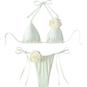 imageWomens Two Piece Bathing Suit Floral Appliques Halter Triangle Tie Side Thong Bikini SwimsuitsBeige