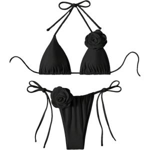 imageWomens Two Piece Bathing Suit Floral Appliques Halter Triangle Tie Side Thong Bikini SwimsuitsBlack