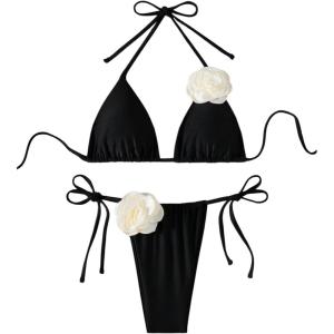 imageWomens Two Piece Bathing Suit Floral Appliques Halter Triangle Tie Side Thong Bikini SwimsuitsBlack With Floral
