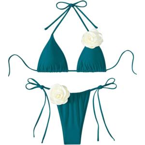 imageWomens Two Piece Bathing Suit Floral Appliques Halter Triangle Tie Side Thong Bikini SwimsuitsBlue
