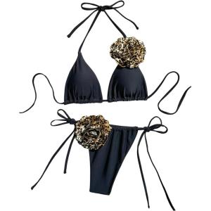 imageWomens Two Piece Bathing Suit Floral Appliques Halter Triangle Tie Side Thong Bikini SwimsuitsPure Black